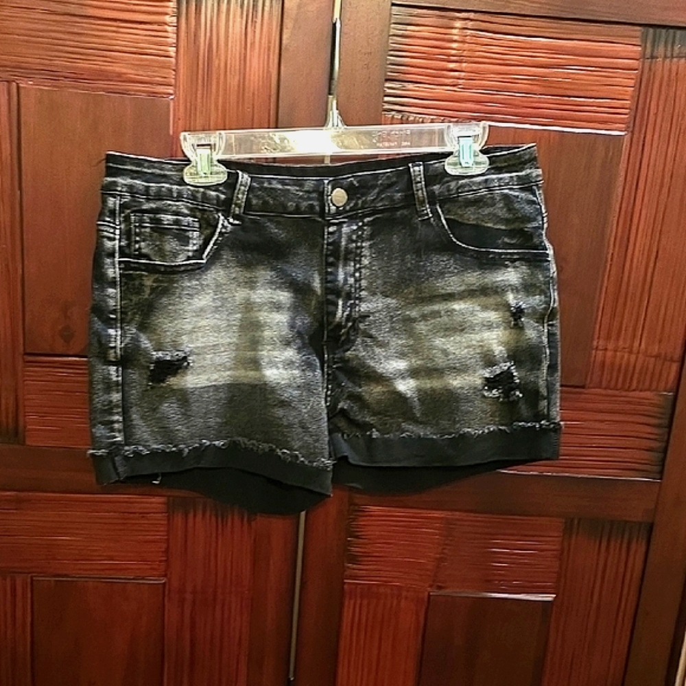 Distressed Black Denim Shorts